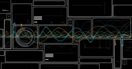 Displaying teal and gold waveform lines oscillating through digital dashboard, with white panels