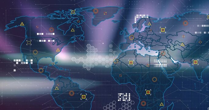 Displaying world map interface updating data on grid-lined dashboard, with geometric data markers