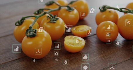 Displaying yellow cherry tomatoes on green vine with halved tomato on wooden tabletop, data icons
