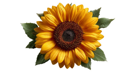 Obraz premium A vibrant yellow sunflower with a textured brown center and delicate green leaves, isolated on a clean white background.
