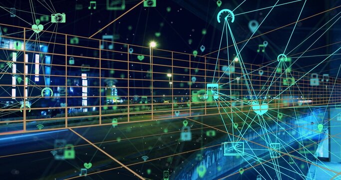 Glowing network overlay connecting urban highway at night, with neon icons and metallic railing - Powered by Adobe