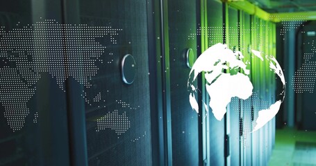 Displaying black server cabinets in data center, featuring digital globe and world map overlay