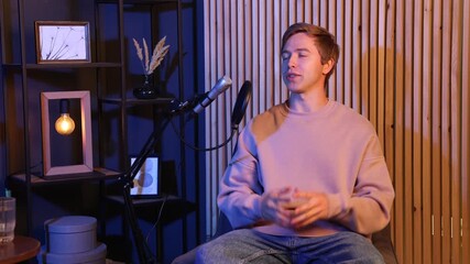 Podcast host recording talk show in studio