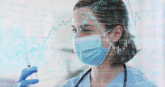 Doctor examining test vial in clinic, wearing scrubs, mask, gloves, stethoscope, charts overlay