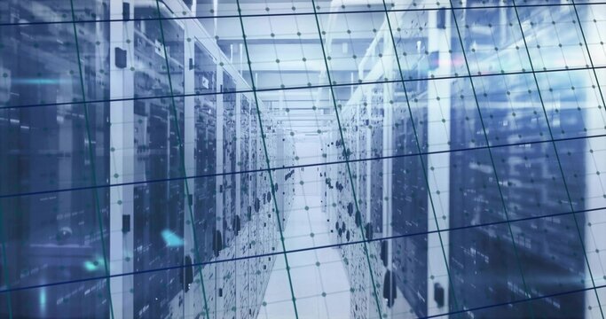 Displaying central aisle running through data center, with server racks and network grid overlay