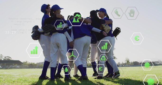 Standing baseball players huddling on baseball field, holding gloves and wearing blue caps jerseys - Powered by Adobe