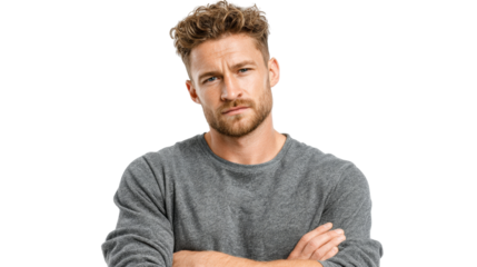 A thoughtful man with curly hair and a beard stands with arms crossed, looking directly at the .