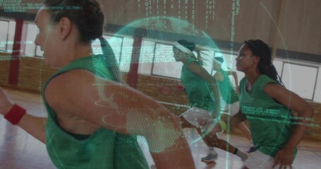 Sprinting athletes wearing green jerseys and white shorts across gym court, globe and code overlay