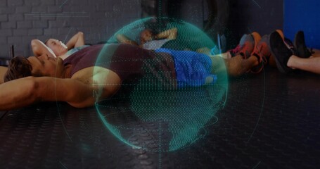 Projecting holographic globe hovering above six exercisers resting on gym floor with earphones © vectorfusionart