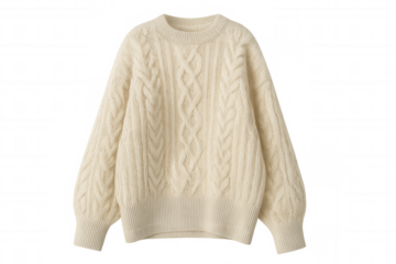 Cream cable knit sweater, warm wool jumper for autumn and winter fashion, isolated on transparent background