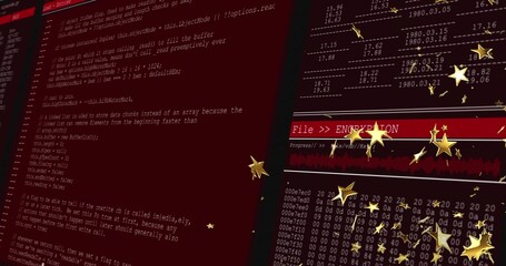 Displaying red encryption progress bar with waveform in terminal windows overlaying golden stars