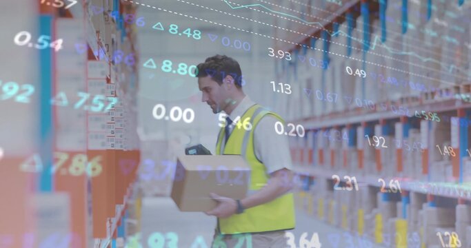 Warehouse worker wearing safety vest scanning box in storage aisle, with data overlay