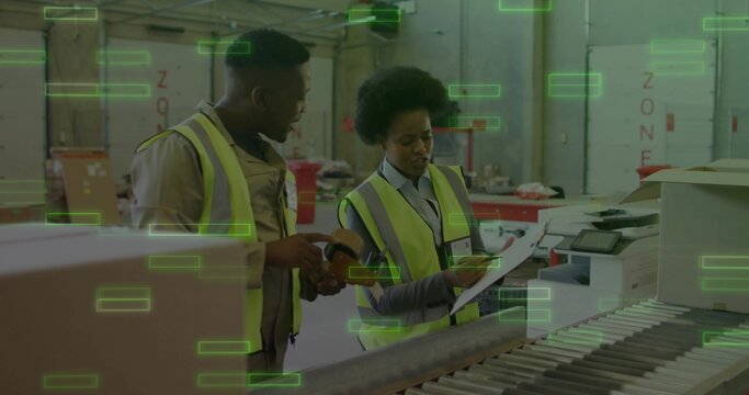Reviewing documents with clipboard and scanner at warehouse station with boxes on conveyor belt