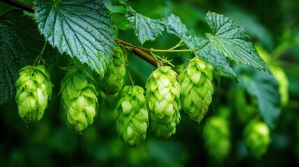 A cluster of green leaves with a few small green flowers on them. The flowers are small and green, and they are growing on the leaves of a plant. The leaves are lush and healthy