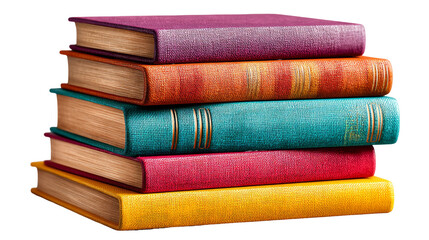 A vertical stack of five vibrantly colored hardcover books, showcasing diverse textures and bindings, neatly arranged on a plain background.