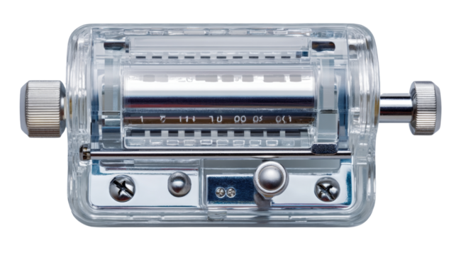 A clear, transparent mechanical counter featuring rotating numbered wheels and polished silver control knobs, set against a clean, neutral studio