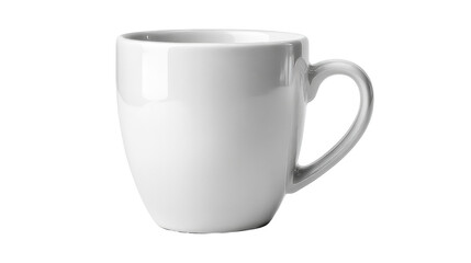 Fototapeta premium A clean, plain white ceramic mug with a simple curved handle, photographed in isolation against a stark white background with a subtle shadow.