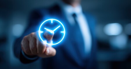 Businessman touching glowing blue clock symbol, representing time management, business schedule, deadline and efficiency concept.
