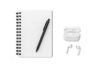 Notepad, pen, and wireless earbuds on transparent background