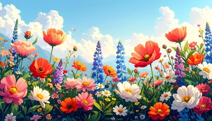 Fototapeta premium Vibrant Floral Meadow Under a Sunny Sky.