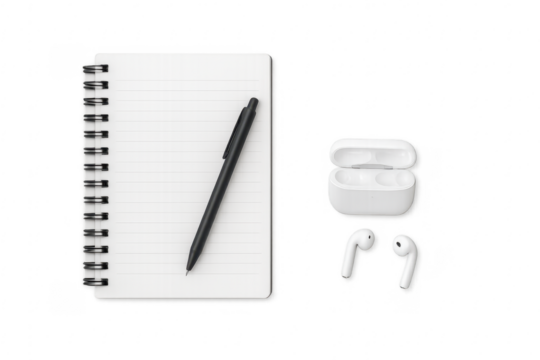 Notepad, pen, and wireless earbuds on transparent background