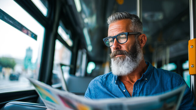Mature man reading a magazine while commuting on a city bus, reflecting daily urban life and professional routine - Powered by Adobe