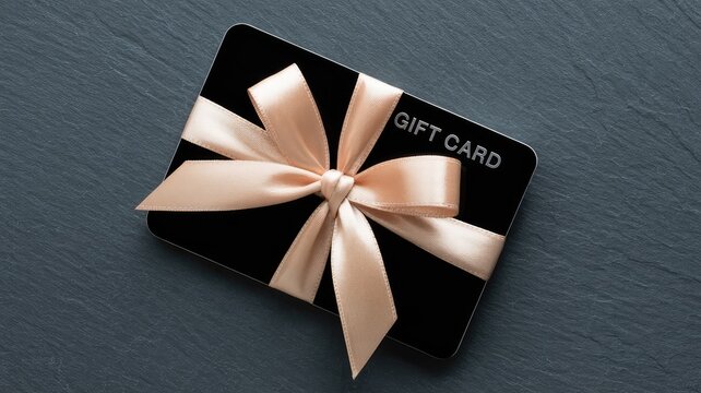 Elegant gift card with a peach ribbon bow against a modern slate background offers a premium gifting option