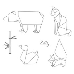 Vector animals in origami style, including a bear, cat, duck, rabbit, and fox, alongside bamboo elements. Simple line art design with geometric shapes.