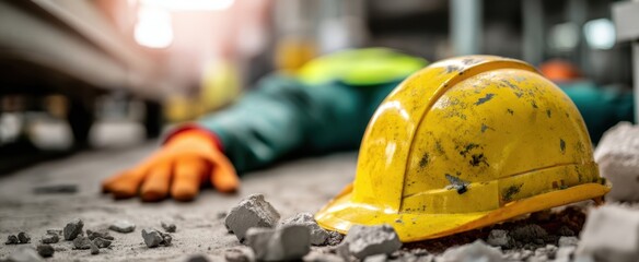 Fototapeta premium The Yellow Hard Hat on Concrete Surrounded by Debris with Worker Lying Nearby