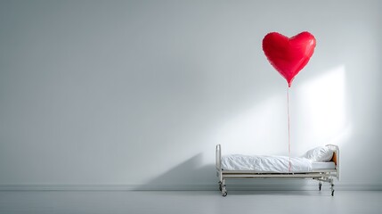 A heart shaped balloon floating above an empty hospital bed in a sterile white room setting