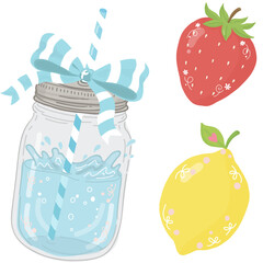 Coquette Mason Jar with Water, Strawberry, and Lemon Featuring Floral Accents and Bow
