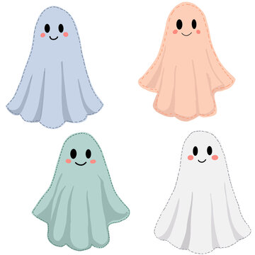 Stitched Pastel Ghosts with Friendly Faces and Dashed Embroidery Outline