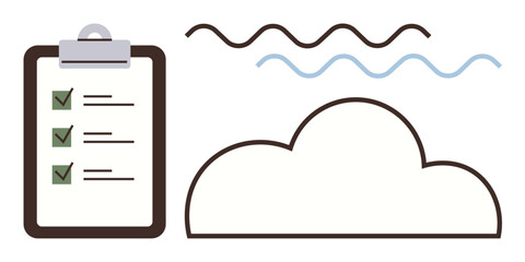 Clipboard with checklist, cloud, and wavy lines suggesting brainstorming, tasks, planning, creativity, storage, review organization. Ideal for productivity workflow cloud storage concepts simple