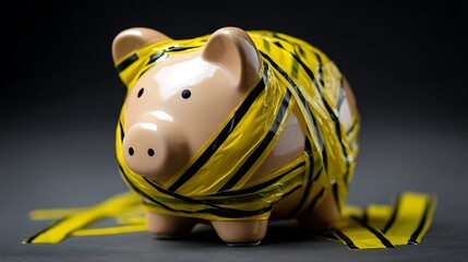 A piggy bank wrapped with yellow and black striped tape against a dark gray gradient background