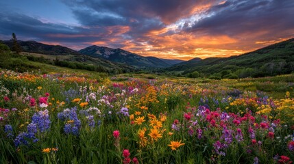 Fototapeta premium Colorful wildflowers bloom in a vast meadow as the sun sets behind majestic mountains creating a breathtaking scene.