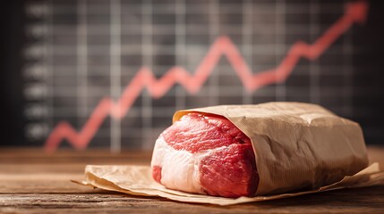 Raw meat wrapped in paper with a rising graph in the background indicating price increases seen