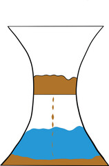 Hourglass with brown sand flowing into blue liquid, time passing concept, isolated vector illustration for education, infographics, and presentations.