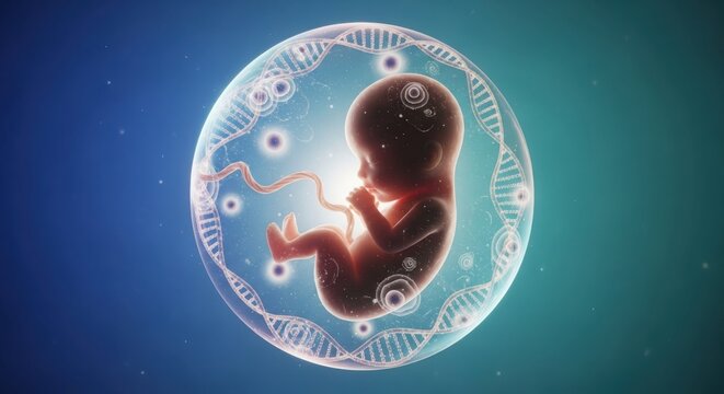 Human fetus development inside amniotic sac medical scientific imaging detailed view illustration