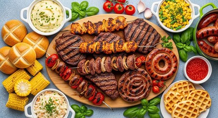 A generous platter of grilled meats, sausages, and sides for a feast