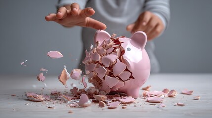A person breaking a pink piggy bank with shards of ceramic flying out on a white surface against gray
