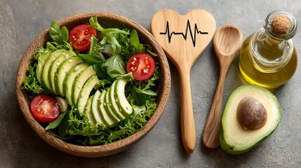A wooden bowl filled with salad next to wooden spoons and a bottle of oil on a gray background