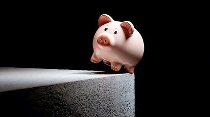 A pink piggy bank precariously perched on the edge of a gray block against a black background