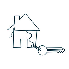 miniature house hanging with keys chain in continuous line drawing doodle
