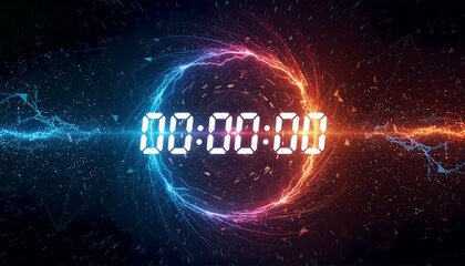 Digital Countdown Timer Displaying Zero amidst a Dramatic, Swirling Blue and Red Electric Energy Vortex Background, Symbolizing Technology, Urgency, and Speed.