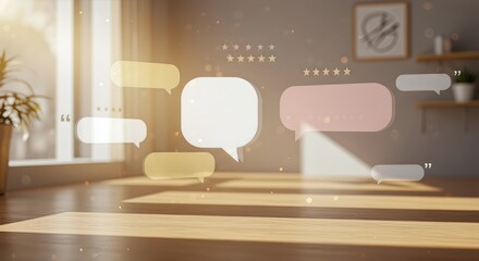 Dynamic 3D representation of customer testimonials and glowing star reviews in a bright, modern interior setting.
