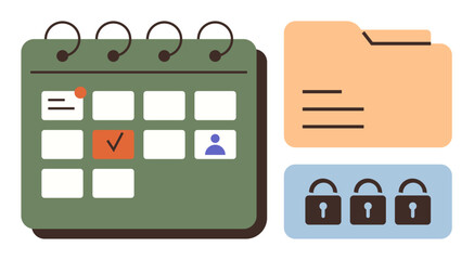 Green calendar with marked date, yellow folder with lines, and three locks. Ideal for organization, planning, security, privacy, productivity scheduling data management. Simple flat metaphor