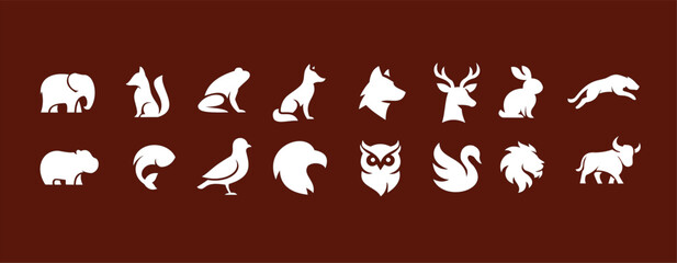 Elegant collection of white animal silhouettes, including forest and safari wildlife, perfect for modern logo creation