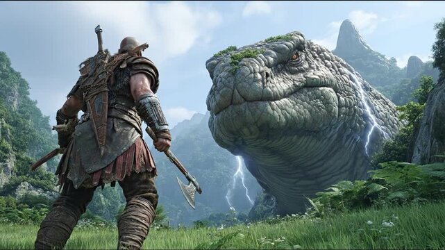 Warrior with axe confronts giant ancient turtle creature in epic fantasy landscape with dramatic lightning and green mountains