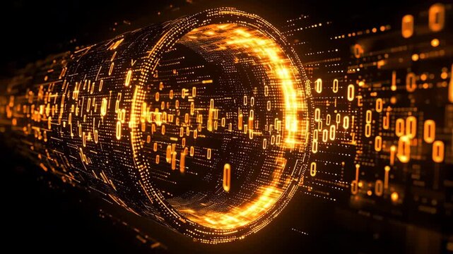 A dynamic visual of glowing binary data flowing through a circular tunnel.