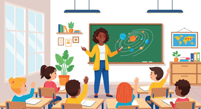 Engaging classroom scene with diverse students eagerly raising hands during vibrant science lesson about planets and solar system with enthusiastic teacher